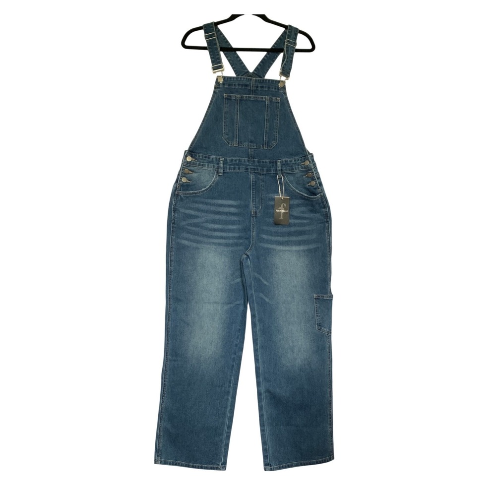 Flamingals Womens Denim Overalls Medium Wash Straight Leg Size L NWT